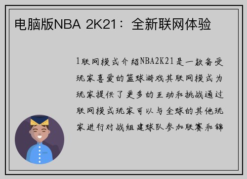 电脑版NBA 2K21：全新联网体验