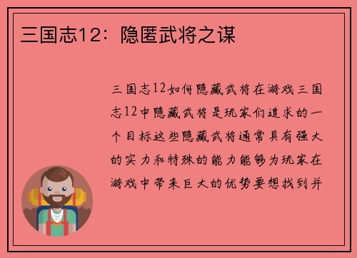 三国志12：隐匿武将之谋