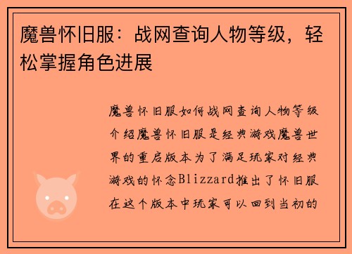 魔兽怀旧服：战网查询人物等级，轻松掌握角色进展